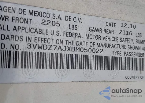 2011 Volkswagen Jetta 2.5L Se из США, поврежденный, VIN 3VWDZ7AJXBM050022